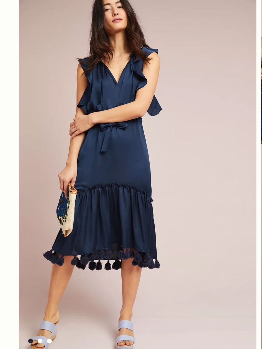 MISA Los Angeles Navy Blue Satin Lenora Tassel Ruffle Boho Midi Dress XS *SNAG*